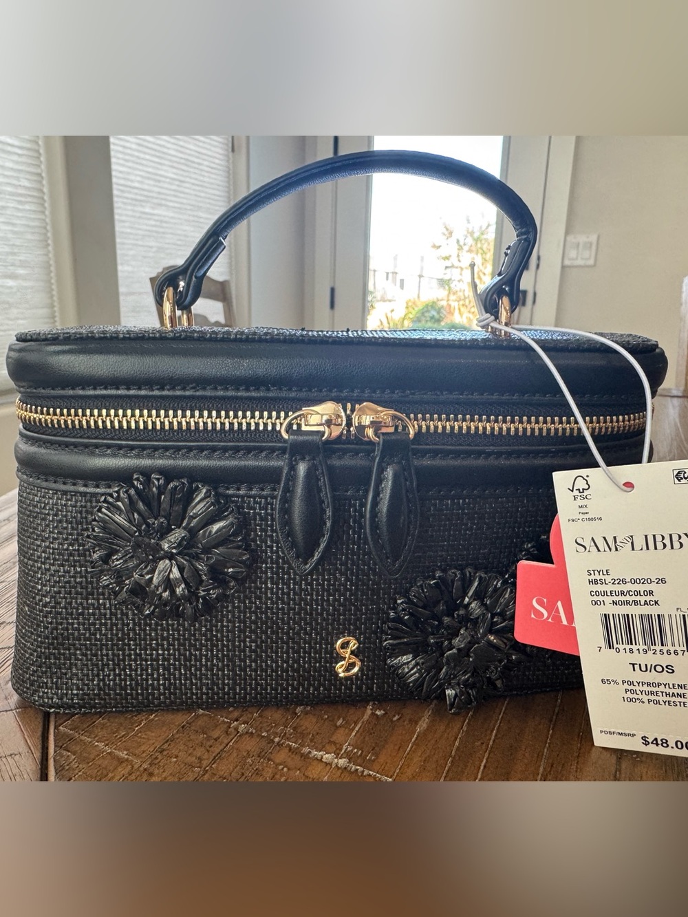 Sam & Libby Black Woven Top-Handle Satchel with Gold Hardware